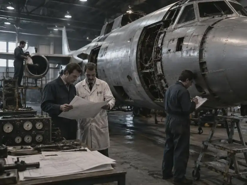 Hangar antiguo con mantenimiento manual de aeronaves