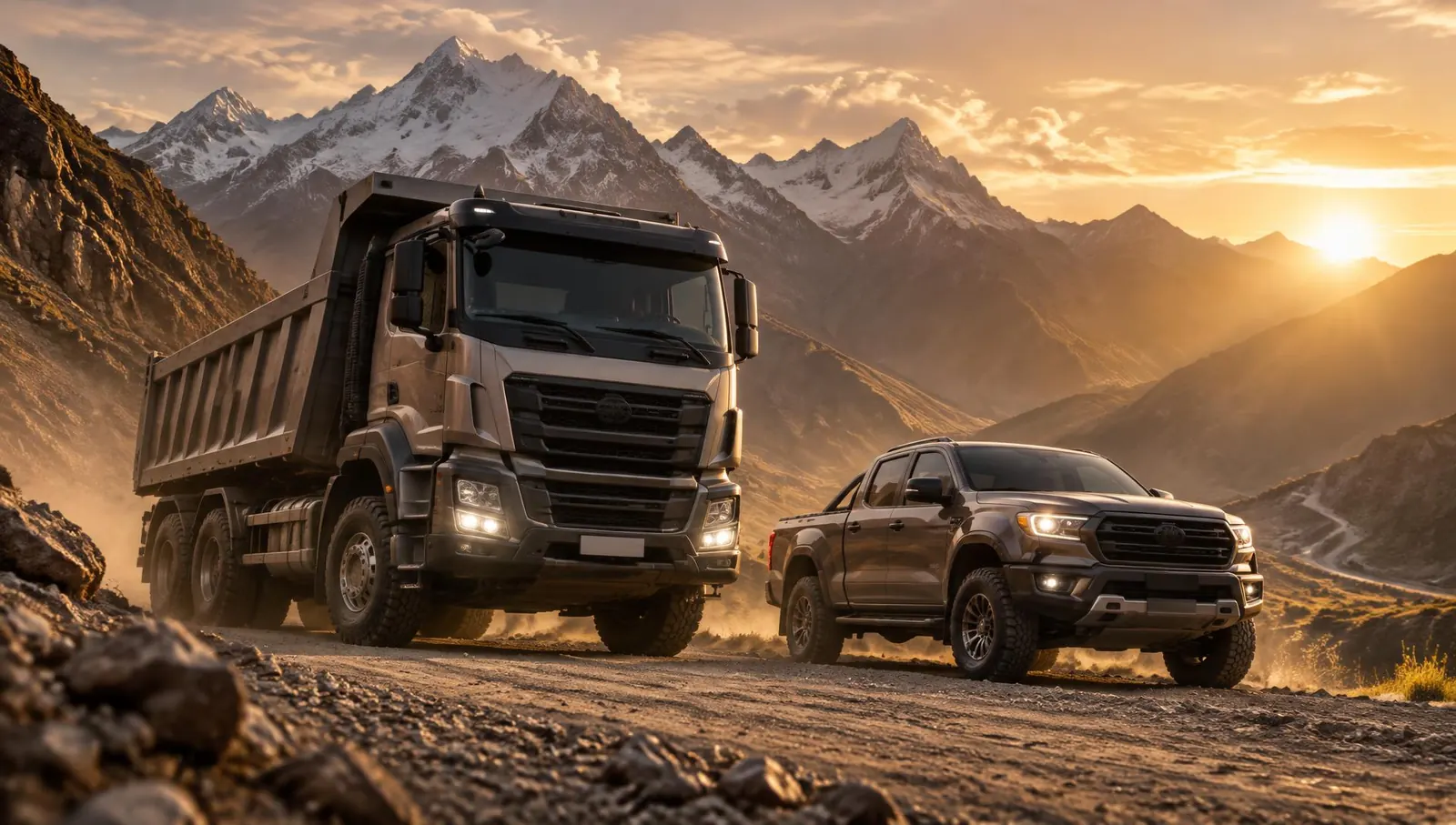 Volquete y camioneta 4x4 en los Andes
