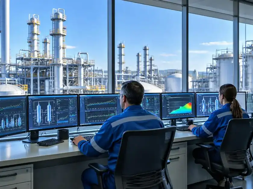 Sala de control química moderna con analítica de proceso