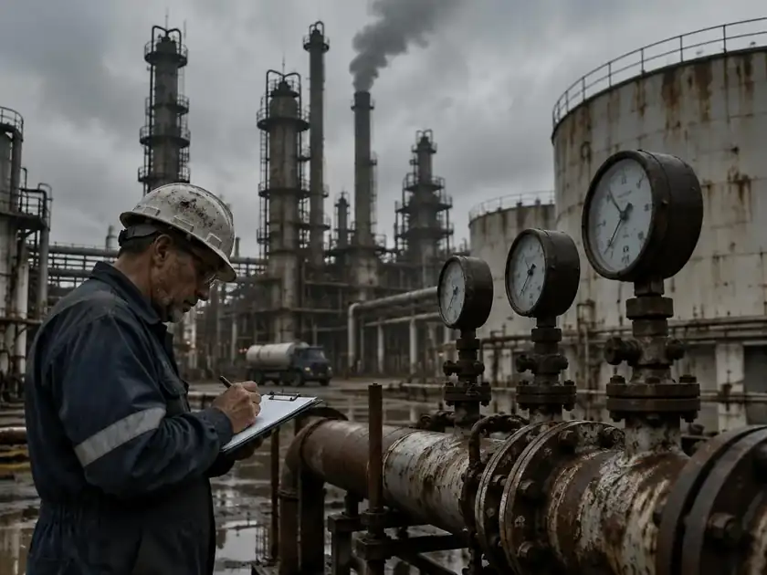 Planta petroquímica antigua con lecturas manuales