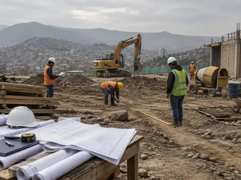 Obra desorganizada con planos en papel