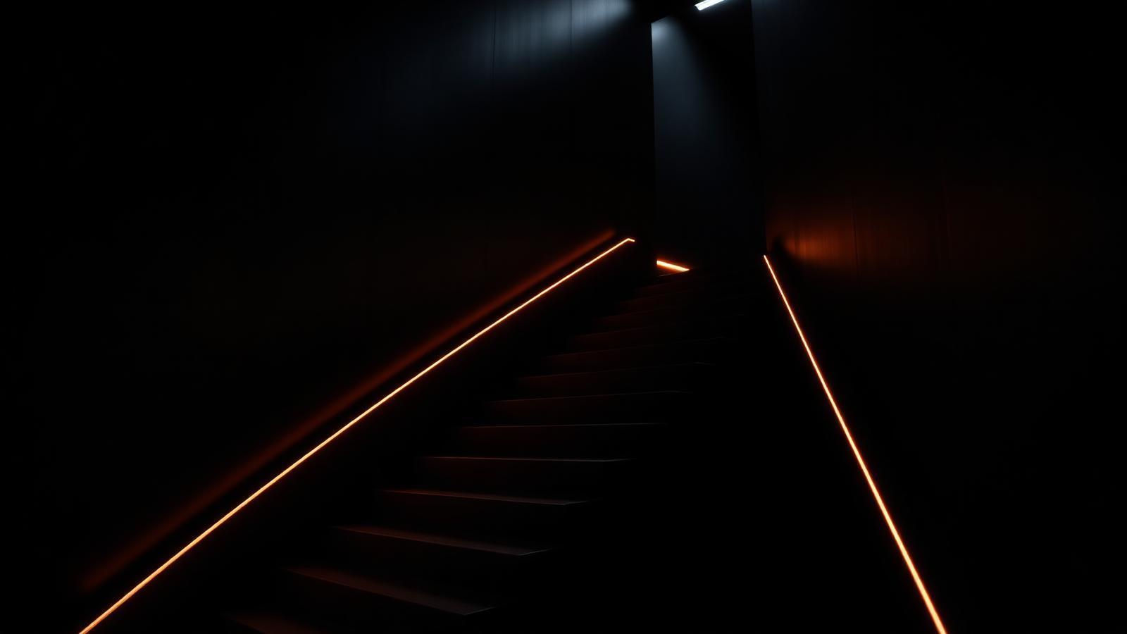 Escalera negra iluminada por líneas ámbar
