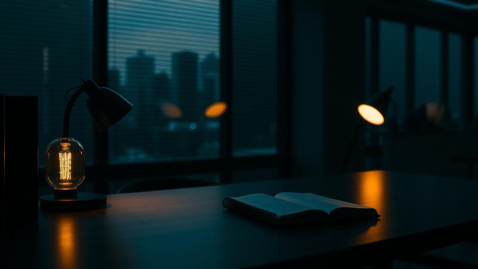 Escritorio corporativo al amanecer con lámpara ámbar