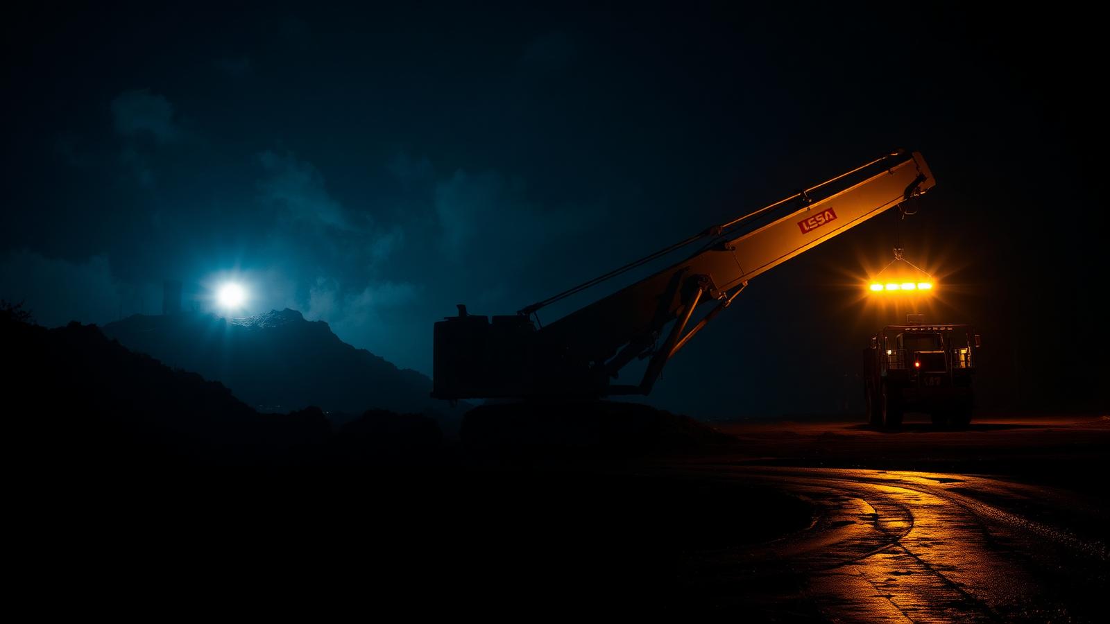 Maquinaria minera de noche con luz ámbar