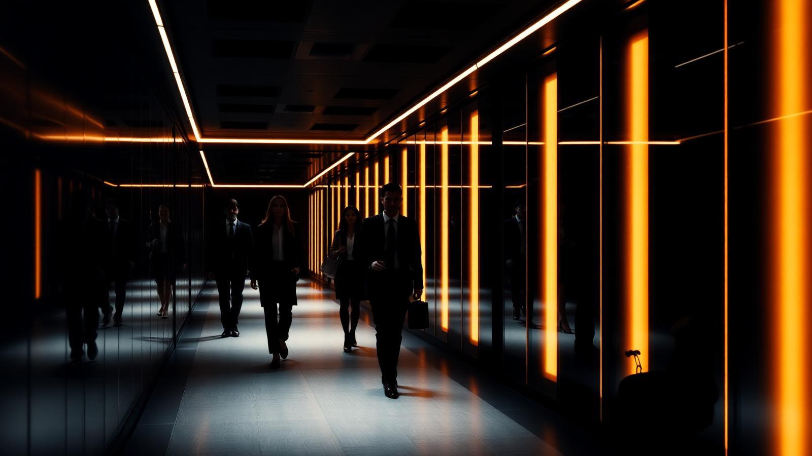 Profesionales jóvenes en un corredor corporativo con luz ámbar