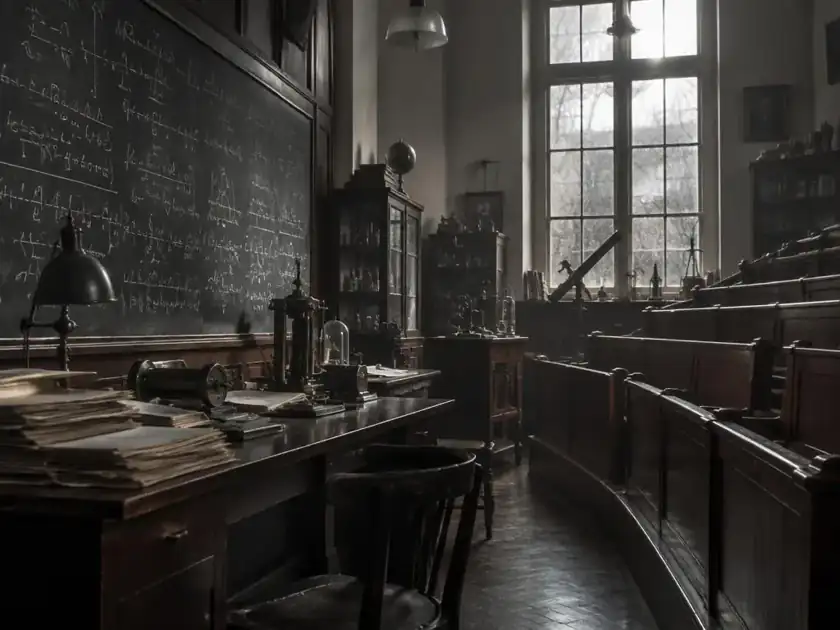 Aula antigua con pizarra y materiales impresos