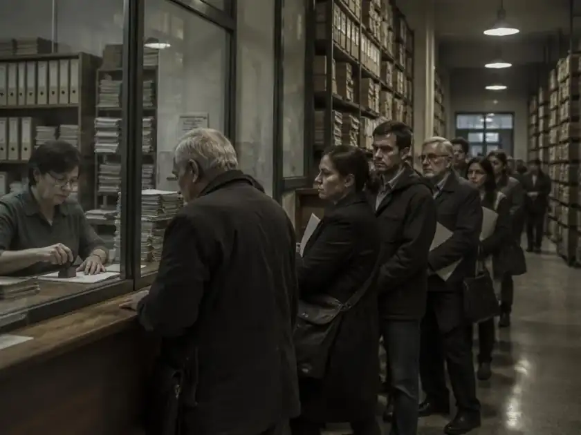 Oficina pública antigua con trámites en papel