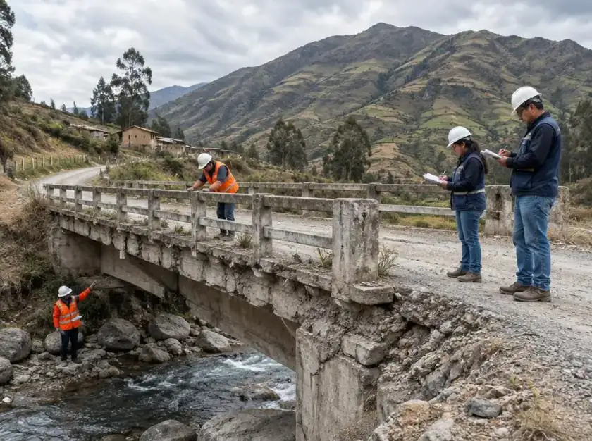 Puente rural deteriorado bajo inspección