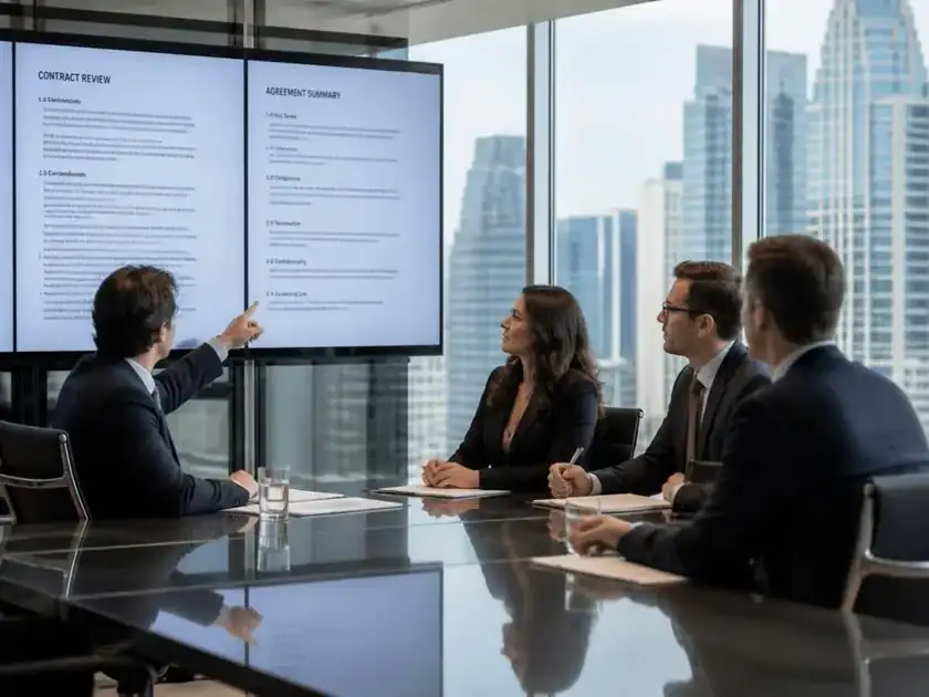 Equipo legal revisando contratos en pantalla