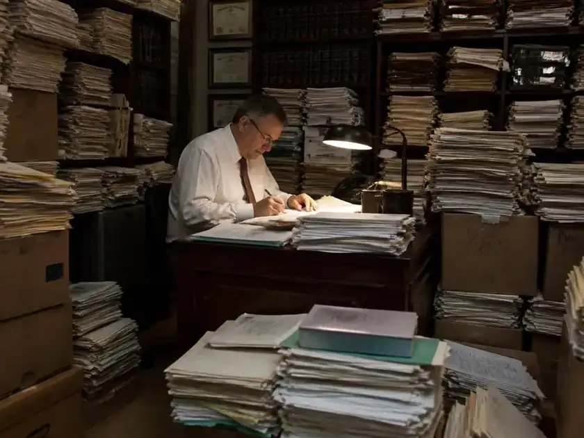 Oficina legal con pilas de expedientes en papel
