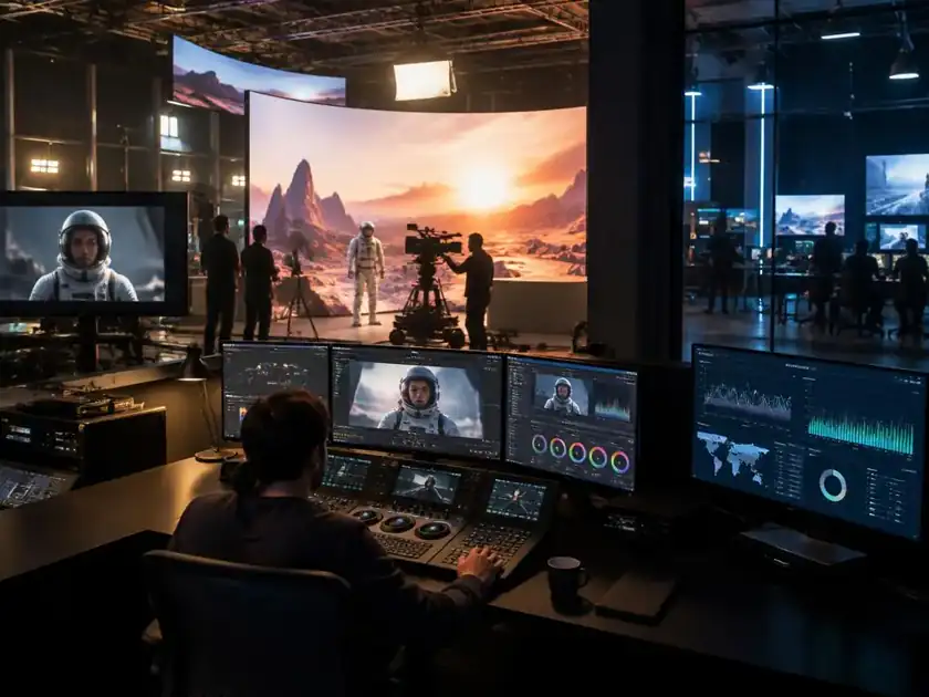 Hub de producción con pantalla LED y analítica de audiencia