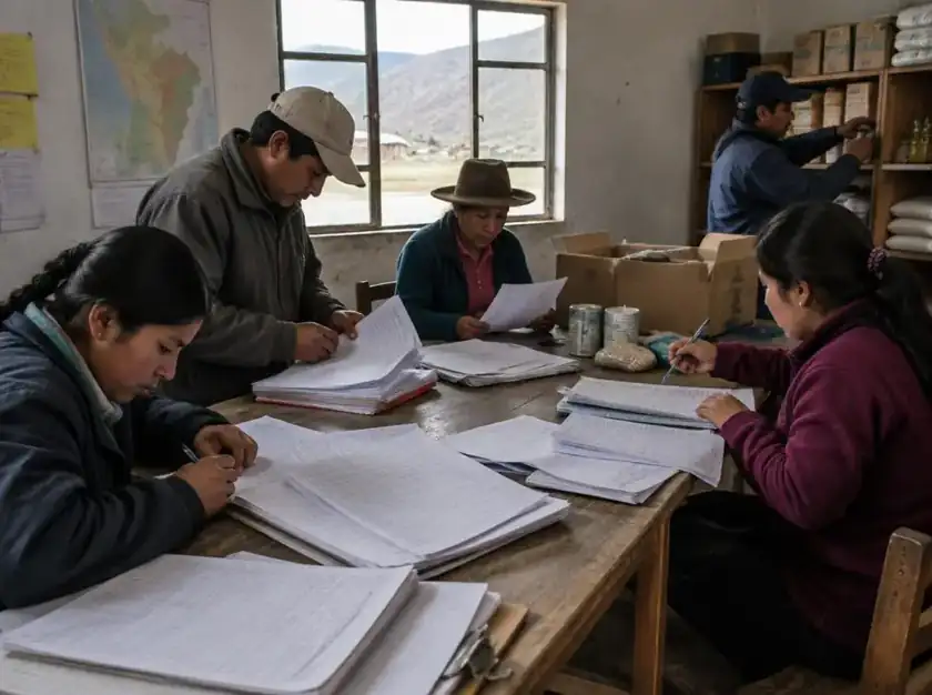 Organización comunitaria gestionando ayuda en papel