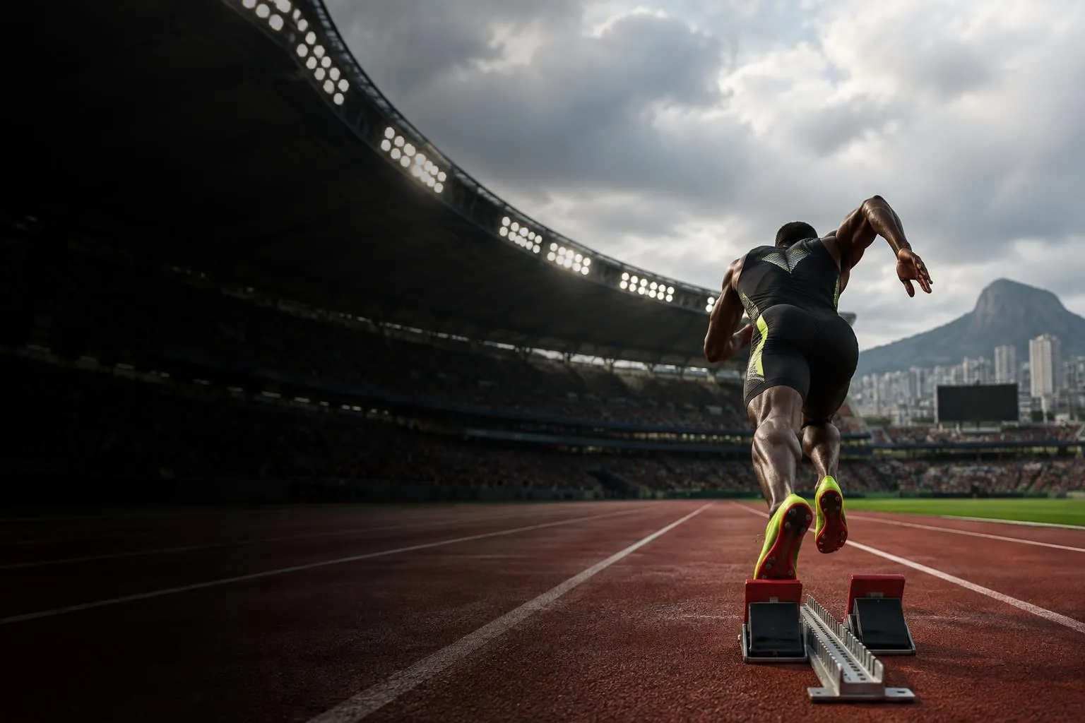 Atleta acelerando sobre una pista de atletismo