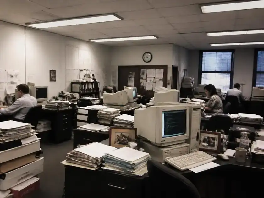Oficina con computadoras antiguas y archivos en papel