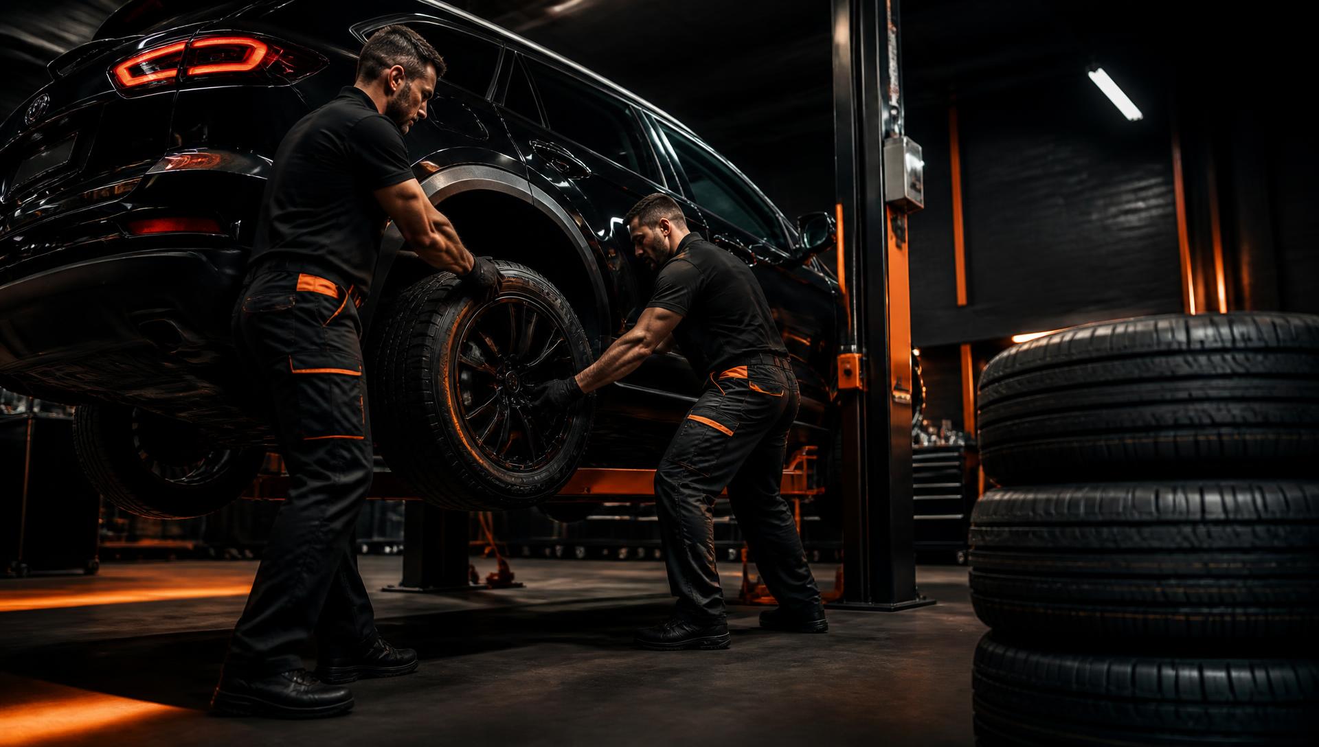 Técnicos de Black Vega Llantas montando una llanta en una camioneta