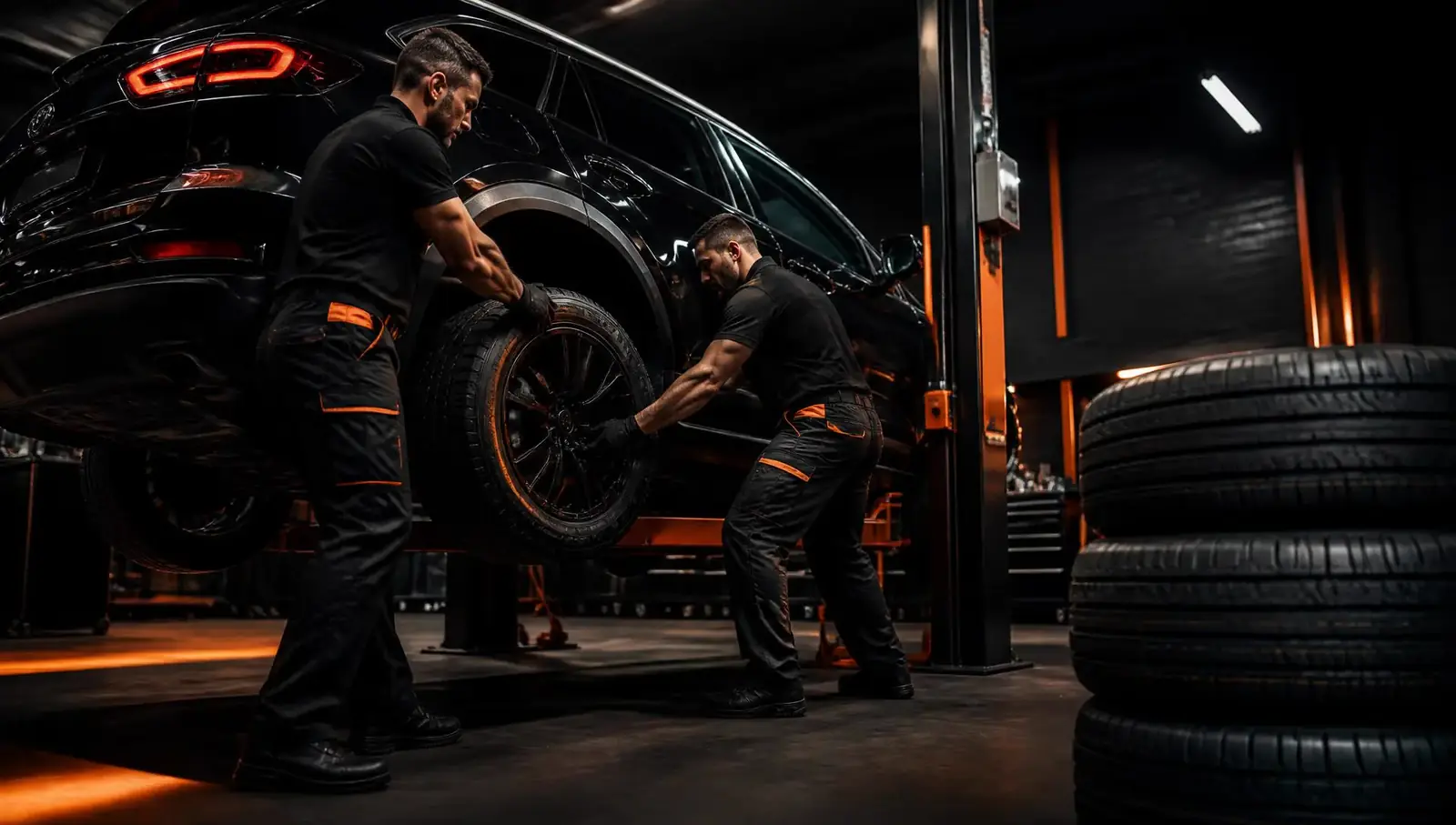 Técnicos de Black Vega Llantas montando una llanta en una camioneta