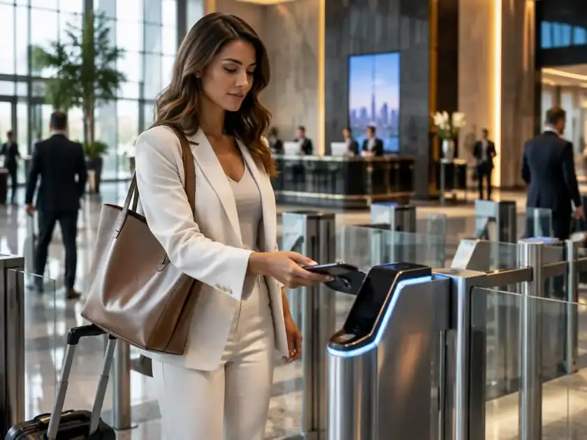 Viajera en acceso biométrico de un espacio moderno